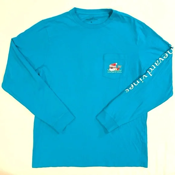 Vineyard Vines Long Sleeve Tee Mens Medium Santa Skis Whale Pocket T-Shirt Blue - Picture 2 of 6